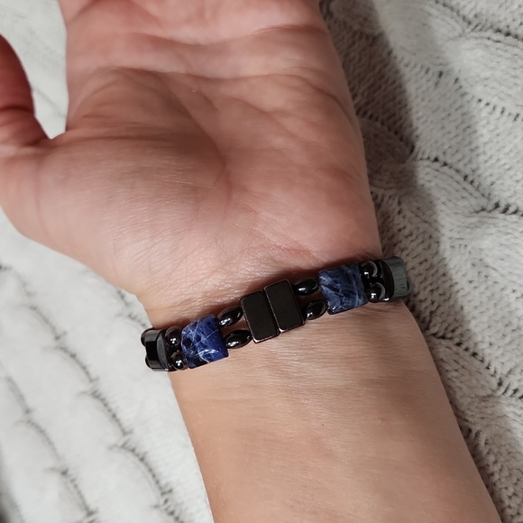 $5☃️Hematite Turquoise, Blue Sodalite Natural Stone Magnetic Closure Bracelet - Picture 2 of 4